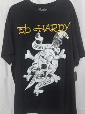 Ed Hardy Black Tee with White Skull & Yellow Logo
